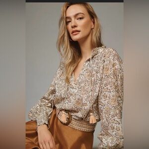 Women’s Beige Floral Printed Blouse - Lightweight Long Sleeve Top